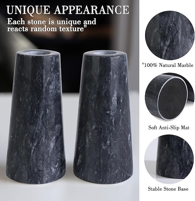 HofferRuffer Marble Candlestick Holders，Set of 2 Natural Stone Candle Holder Decorative Candle Stands for Wedding, Dinning, Party, Table Centerpieces, Fit 3/4'' Thick Taper Candles (Black)