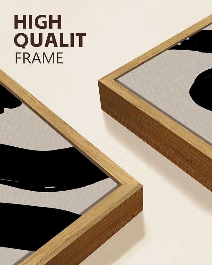 KUVIOKE Black Abstract Framed Wall Art Ink Wash Minimalist Lines Painting Artwork for Bedroom Living Room Hallway Decor Ready to Hang 11x14in (Natural Framed)