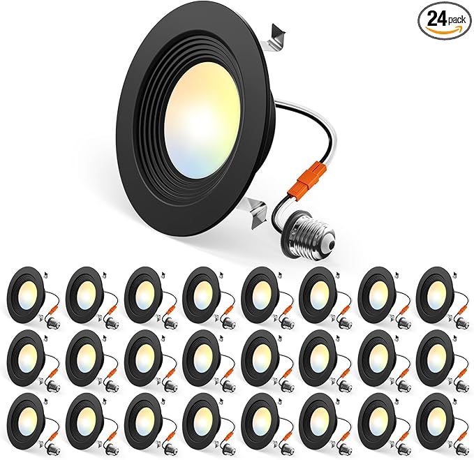 Amico 24 Pack 4 inch 5CCT LED Recessed Lighting, Dimmable, 8.5W=60W, 650LM, 2700K/3000K/4000K/5000K/6000K Selectable, Retrofit Can Lights with Baffle Trim, IC Rated - ETL & FCC, Black