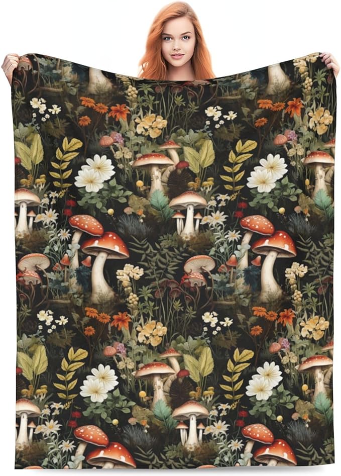 Mushroom Blanket Gifts Floral Weed Flannel Throw Blankets for Home Decor Couch Bed Sofa Soft Fuzzy Lightweight for All Season 50x40 Inches