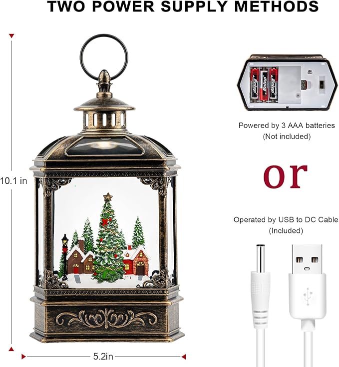 Christmas Snow Globe Lantern Water Glittering Xmas Village with Music & Timer, USB Lined/Battery Operated Lighted Lantern for Christmas Festival Decoration Gifts