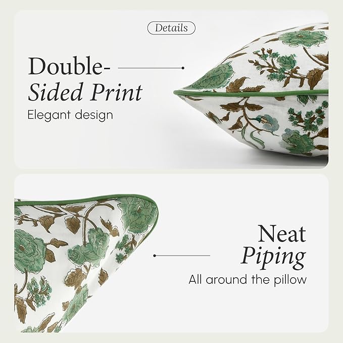 CPC 100% Cotton Throw Pillow Covers 20x20 Inch, Set of 2 Green Block Print Pattern Couch Pillow, Cute Boho Decorative Pillows for Living Room, Bedroom with Hidden Zipper- Moss Green