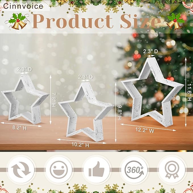 3 Pcs Christmas Wooden Table Decoration Centerpiece Sign Crafts for Farmhouse Desk Coffee Tabletop Fireplace Mantle Bookshelf Tiered Tray Shelf Accents Rustic DIY Ornament(White,Star)