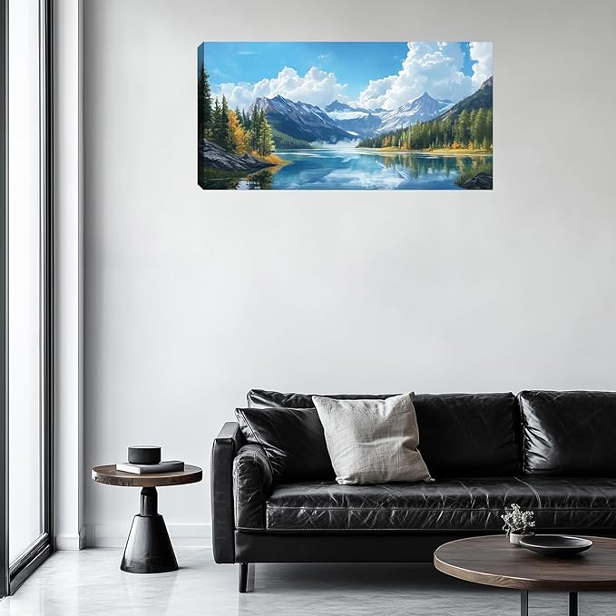 Large Mountain Canvas Wall Art for Living Room Blue Nature Landscape Picture Wall Decor for Bedroom Home Office Decoration Painting Poster Framed Artwork 48L x 24W