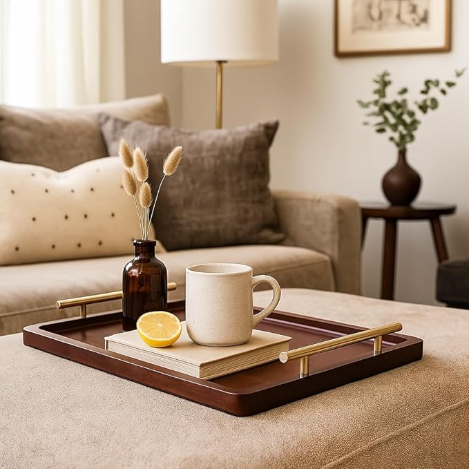 Acacia Wood Serving Tray – 17" x 13" Ottoman Tray with Metal Handles for Coffee Table, Breakfast, Snacks, Tea, Food – Decorative Wooden Tray for Kitchen, Living Room & Bedroom
