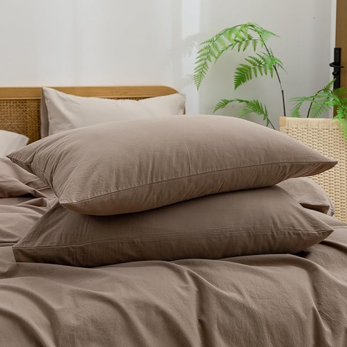 BESTOUCH Duvet Cover Set 100% Washed Cotton Linen Feel Super Soft Comfortable Chic Lightweight 2 PCs Home Bedding Set Solid Pine Bark Brown Twin/Twin XL