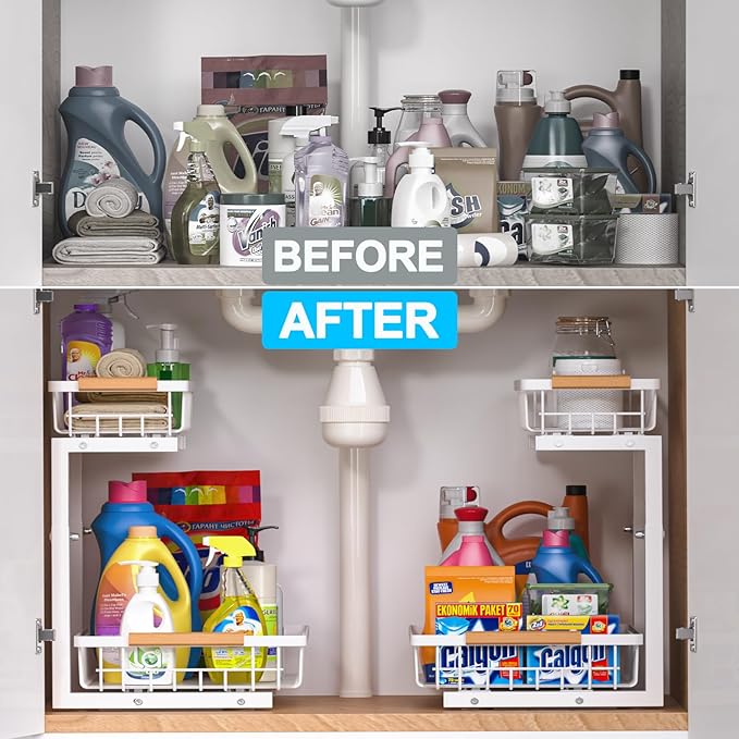 Under Sink Organizer 2 pack, 2 Tier Slide Out Under Sink Organizers And Storage, Height Adjustable Pull Out Cabinet Drawers, Kithcen Bathroom Metal Storage Caddy Shelf, White