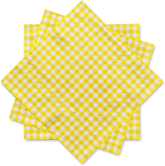 Gatherfun Party Supplies, Disposable Paper Napkins Yellow and White Gingham Napkins for Easter Party（3-ply, 6.5X6.5 in, 50-Pack)