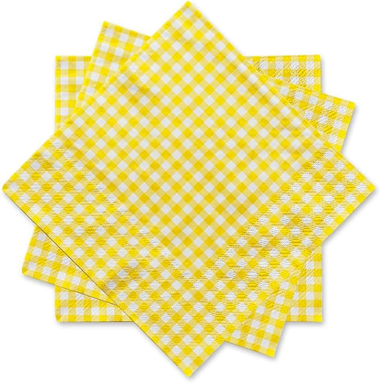 Gatherfun Party Supplies, Disposable Paper Napkins Yellow and White Gingham Napkins for Easter Party（3-ply, 6.5X6.5 in, 50-Pack)