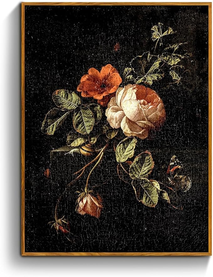 crmotu Vintage Framed Wall Art, Botanical Floral Canvas Art Prints, Still Life Rose Rustic Farmhouse Decor, Antique Flower Black Wall Pictures for Living Room Bedroom Bathroom Office Artwork 12x16in
