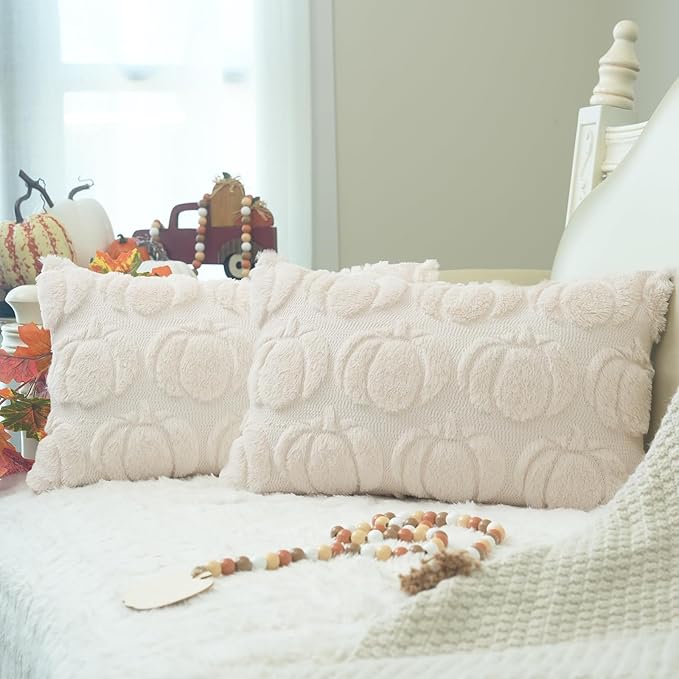 GEEORY Fall Pumpkins Soft Plush Pillow Covers, 12 x 20 Inch Set of 2, Fluffy Faux Fur Wool Decorative Farmhouse Cushion Case for Sofa Home Decoration Beige Pumpkin GC020-12