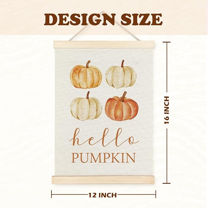 Supwhd Hello Pumpkin Fall Leaf Wall Art with Wooden Poster Hanger, Fall Wall Decor, Fall Posters, Farmhouse Fall Autumn Harvest Thanksgiving Wall Art Decor, Fall Home Decor, 12x16 Set of 2