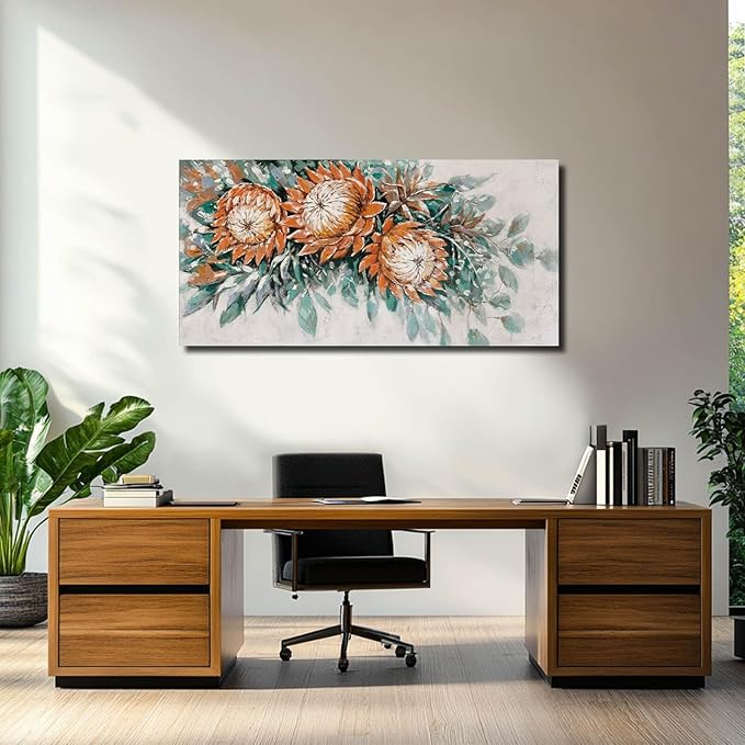 GAIDUOMAI Red Flowers Wall Art Green Leaves Painting Plants Wall Decorations for Living Room Contemporary Artwork for Home Haning Decor 24x48 Inch