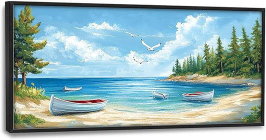 Framed Large Wall Art for Living Room, Beach Boat Canvas Wall Decor, Large Coast Sailboat Picture Framed Painting, Modern Artwork for Bedroom Office 60L'' × 30W''