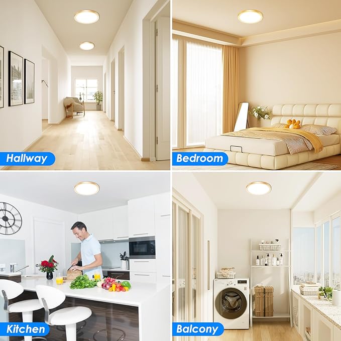 Peasur 12 Inch LED Ceiling Light Gold, 24W Slim Flush Mount Ceiling Light 3000K/4000K/6500K Adjustable, Modern Round Ceiling Lighting for Bedroom, Living Room, Kitchen(2 Pack)