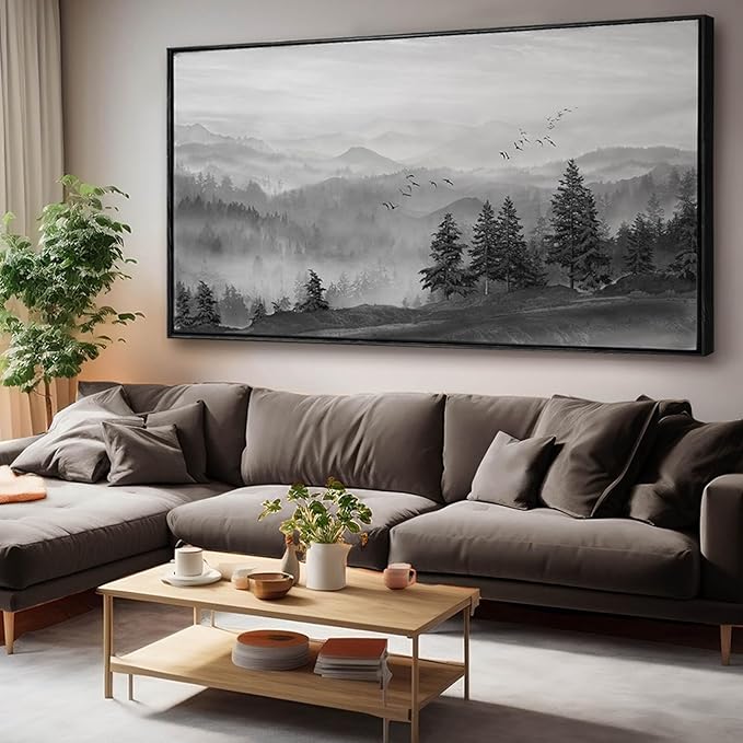 Kureful Large Wall Art Office Decor Mountain Wall Art Bedroom Decor 30"x 60" Room Decor Trees Canvas Picture Painting Grey Artwork for Bathroom Modern Home Decoration