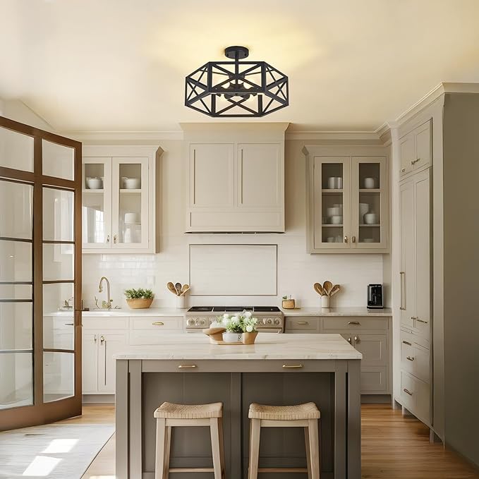 Modern Semi Flush Mount Ceiling Light with Remote Control,19.7" 6-Light Hexagon Flush Mount Ceiling Lights for Dining Room Light Fixture,Farmhouse Kitchen Island Lighting Fixtures for Hallway