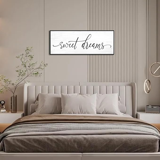 Sweet Dreams Wall Decor Above Bed: 32''×12'' Large Framed Bedroom Canvas Wall Art,Farmhouse Sweet Dreams Sign For Master Bedroom Guest Room Black Hanging Decorative Wall Sign