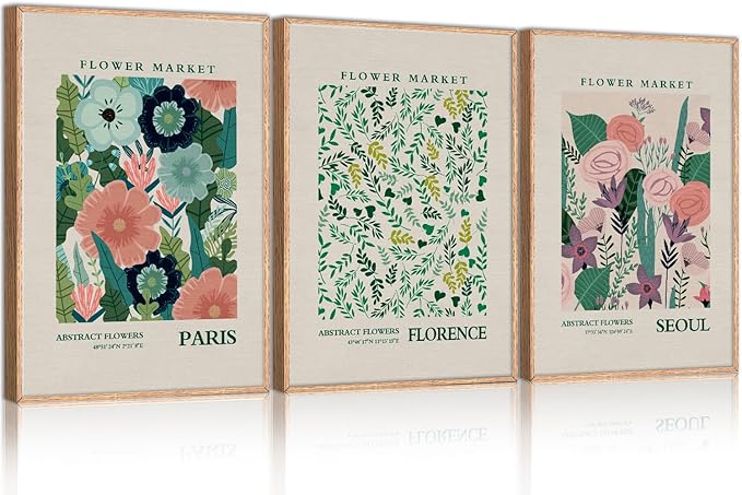 HPINUB Flower Market Framed Canvas Wall Art Set, Colorful Botanical Flowers Wall Decor,Modern Floral Boho Art Print for Living Room, Bedroom Office Decor-16 x24 x3