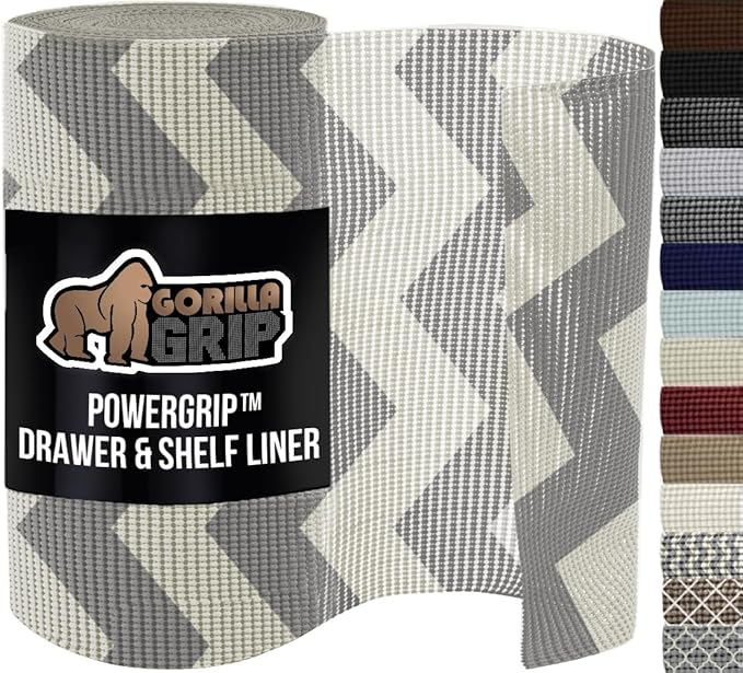 GORILLA GRIP powerGRIP Drawer Shelf and Cabinet Liner, Thick Strong Hold, Non-Adhesive Liners Protect Kitchen Cabinets and Cupboard, Bathroom Drawers, Easy Install, Breathable Mat, 20" x20', Chevron