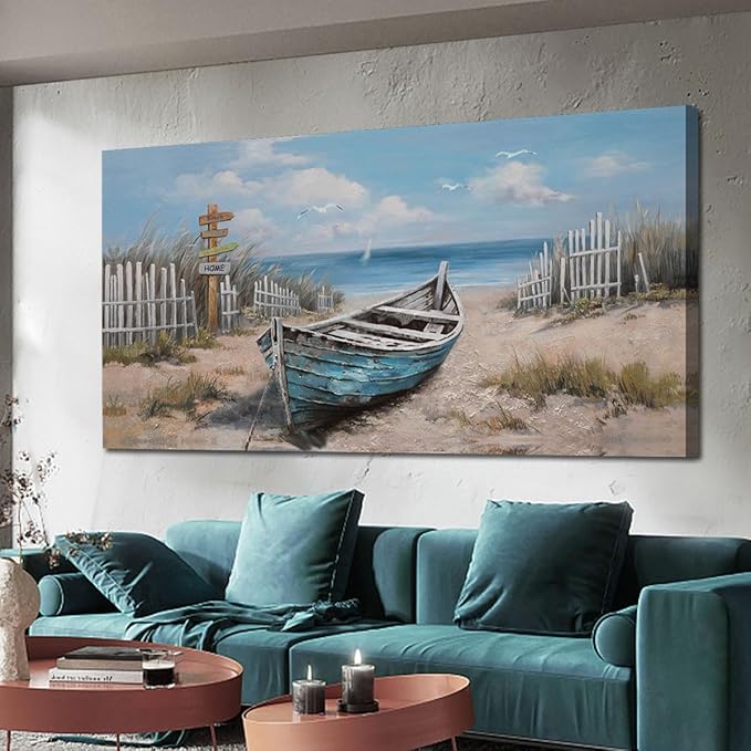 Ardemy Blue Coastal Canvas Wall Art for Living Room Textured Beach Painting Turquoise Teal Bedroom Picture Modern Boat Artwork Framed Home Office Kitchen Wall Decor, Extra Large 58"x29"