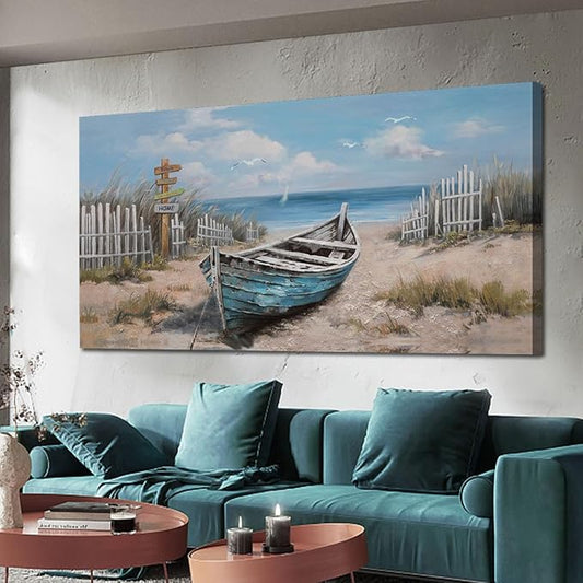 Ardemy Blue Coastal Canvas Wall Art for Living Room Textured Beach Painting Turquoise Teal Bedroom Picture Modern Boat Artwork Framed Home Office Kitchen Wall Decor, Extra Large 58"x29"