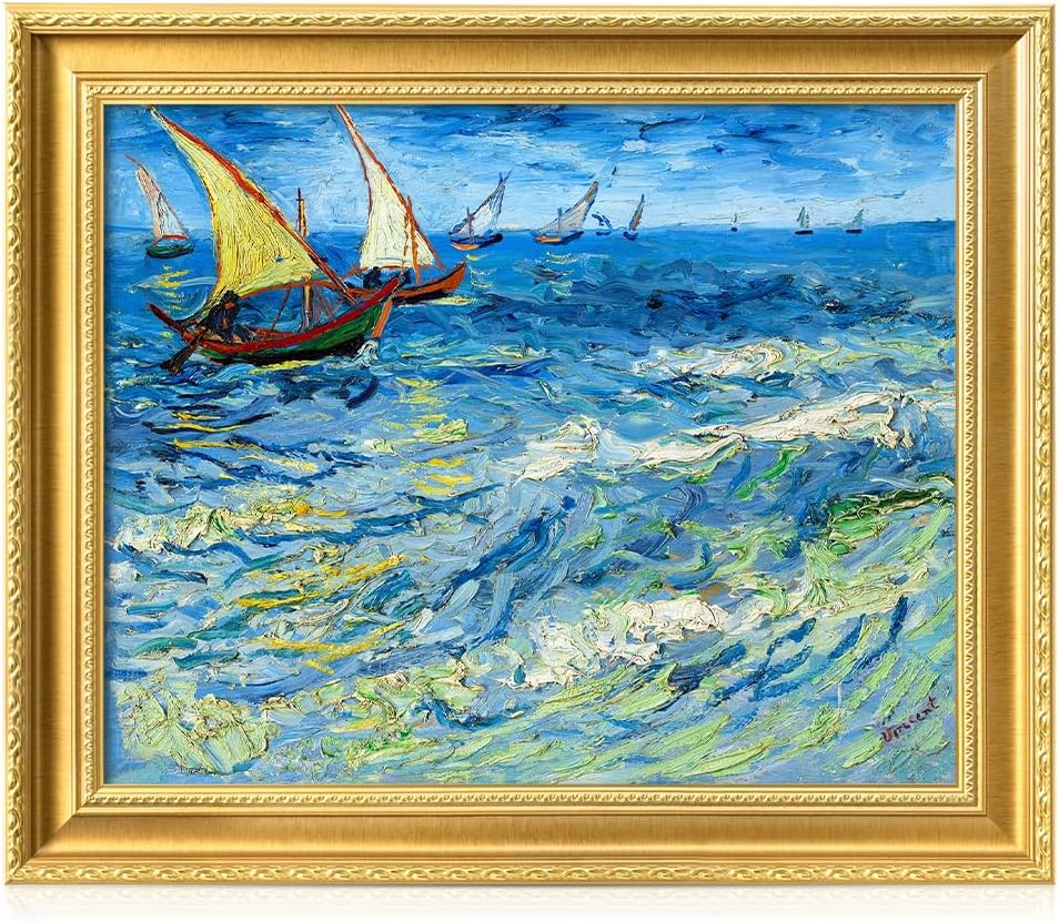 DECORARTS - Fishing Boats at Sea by Vincent Van Gogh. Giclee Print on Acid-Free Canvas in Gold Solid Wood Frame. Picture Size: 20x16, Total Size: 24.75x20.75, Made in USA
