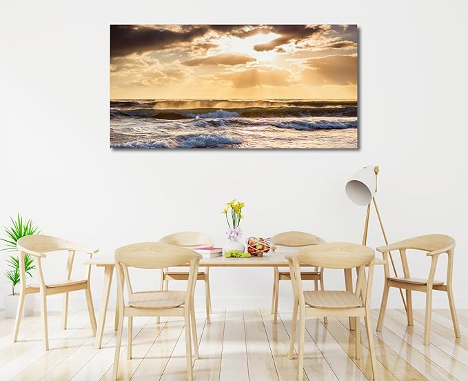 Sunset Ocean Canvas Wall Art - Ocean Waves Wall Decor Glow Sea Scene Picture Painting Nature Landscape Prints Sunset Over the Ocean Painting Artwork Living Room Bedroom Office Home 24" x 48"