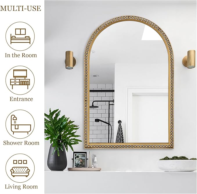 24" x 36" Arch Wall Mirror, Antique Gold Metal Beaded Frame Bathroom Mirror, Vintage Classic Distressed Hanging Mirror for Vanity Mantel Entryway Living Room