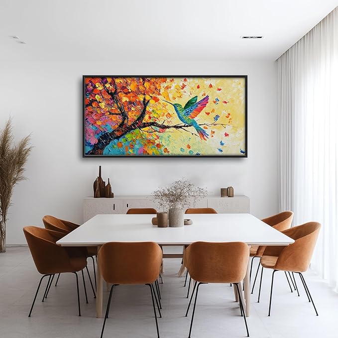 Hummingbird Framed Wall Art for Living Room, Large Bird Canvas Wall Decor, Hummingbirds on Branch Pictures Painting, Modern Artwork for Bathroom Bedroom 60L'' × 30W''