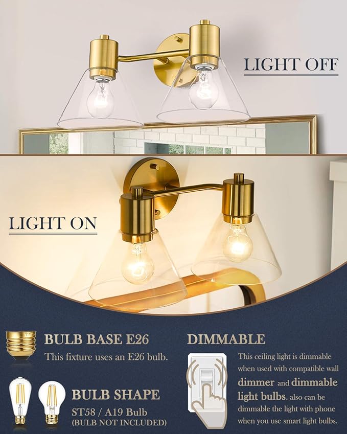 LMS Gold Bathroom Vanity Light Fixtures, 2 Light Bathroom Light Fixtures with Clear Glass Shade, LMS-100