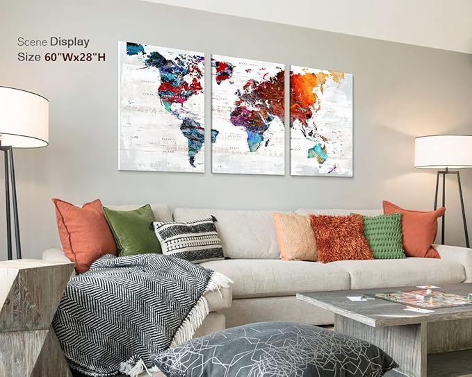 World Map Wall Art Living Room Wall Decor Office Pictures for Wall Decorations Large Abstract Art 60" W x 28" H Framed Paintings for Dining Room