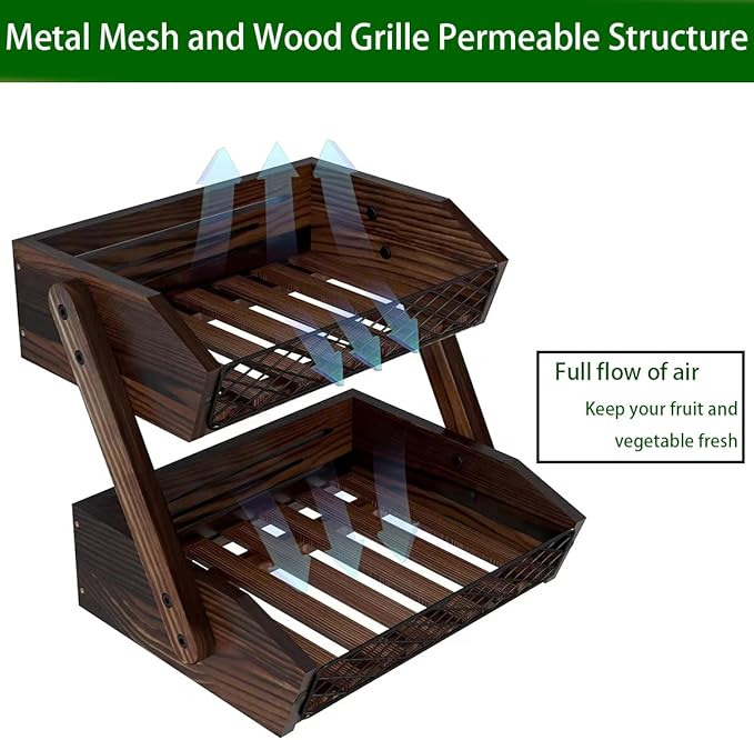 Dorhors Fruit Basket for Kitchen, 2 Tier Fruit Bowl,Kitchen Counter Organizer,Wooden Vegetable Holder for Countertop,Bread Storage Basket Stand