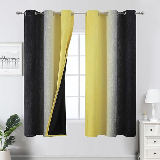 Estelar Textiler Black and Yellow Blackout Curtains for Living Room, Full Room Darkening Ombre Curtains for Bedroom, Thermal Insulated Light Blocking Gradient Grommet Drapes, 42Wx63L, 2 Panels