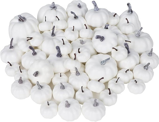 winemana 46 Pcs Assorted Size Artificial Pumpkins Fall Decorations, White Foam Pumpkin Autumn Decor, Decorative Faux Pumpkin for Halloween Thanksgiving Table Centerpiece Mantle Bowl Wedding Party