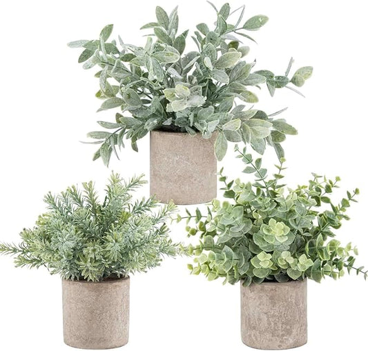 Der Rose 3 Pack Mini Potted Fake Plants Artificial Plastic Eucalyptus Plants Topiaries for Home Office Desk Farmhouse Room Bathroom Decor