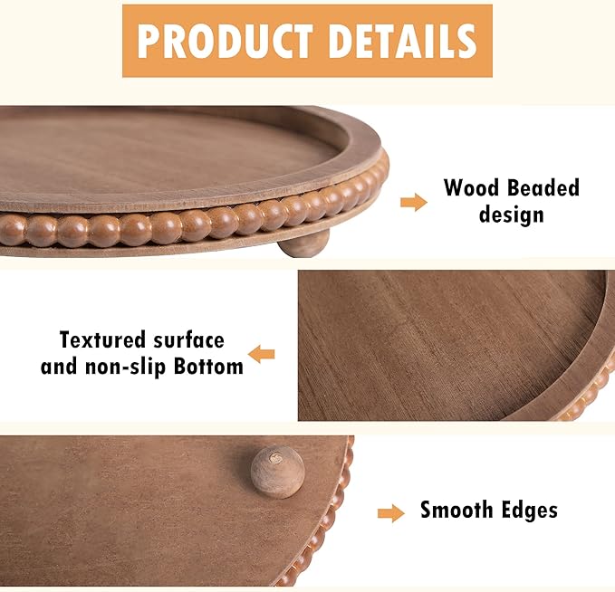 12in Round Wood Beaded Tray - Brown, Distressed Finish - Farmhouse Boho Style - Decorative Tray for Living Room, Coffee Table, Kitchen Table or Serving Tray