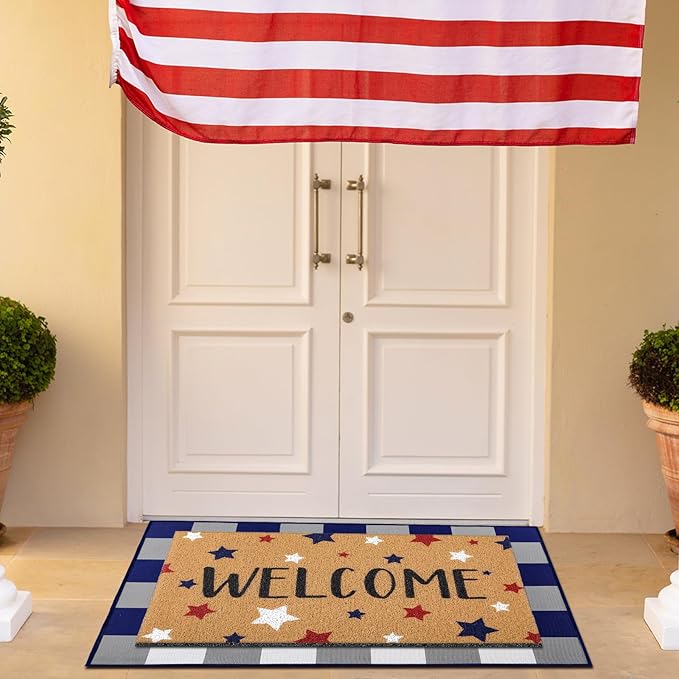 2 Pcs 4th of July Door Mat Patriotic Welcome Non Slip Coir Mats Red Blue White Independence Day Star Buffalo Floor Layering Doormats Seasonal for Front Porch Entryway Decor(Independence Day)