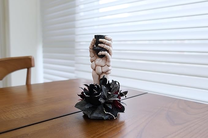 Halloween Candle Holder, Resin Skeleton Hand Candlestick with Black Faux Flower, Halloween Decor for Home Table, 7" Height