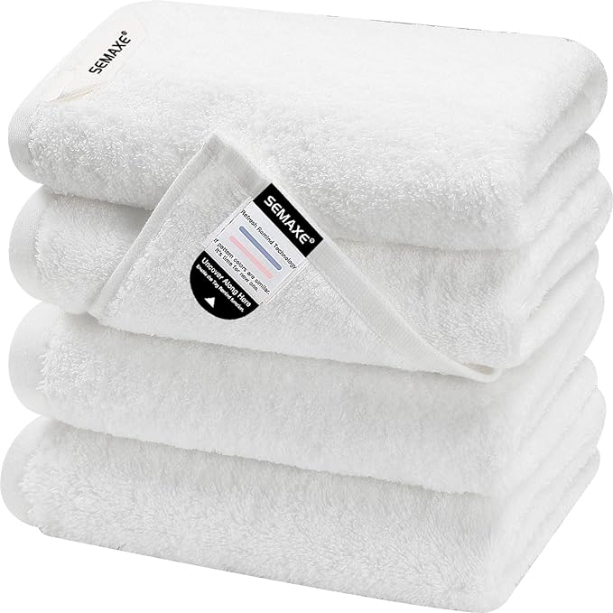 SEMAXE 100% Cotton Hand Towel for Bathroom, White Hand Towels with Hanging Loops, Hotel Spa Quality Absorbent Towels, 27" L x 16" W, 4 Pack Hand Towels, Gift Box Packaging