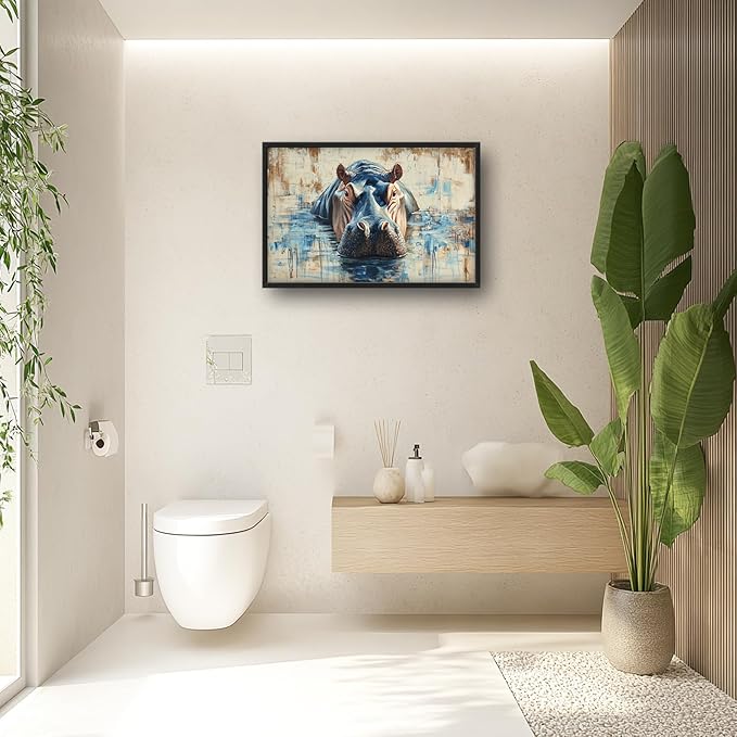 Extra Large Framed Abstract Hippo Wall Art,Oversized African Hippopotamus Wild Animal Wall Decor,Vintage Pictures for Living Room,Canvas Print Painting Modern Artwork Bedroom Office Bathroom 36L x24W