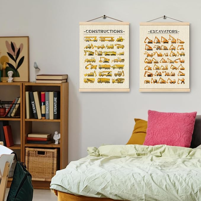 HKTZM Constructions Excavators Wall Decor, Constructions Nursery Wall Art With Wooden Poster Hanger, Transport Posters Walls Decoration for Kids Boys Room Nursery Playroom, 12x16 Inch Set of 2