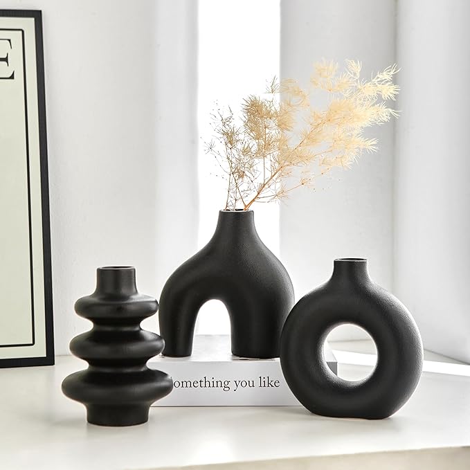 Black Ceramic Vase Set of 3, Modern Boho for Home Decor, Small Flower Vases for Pampas Grass, Round Centerpieces for Wedding, Coffee Table, Shelf, Living Room, Bedroom, Entryway
