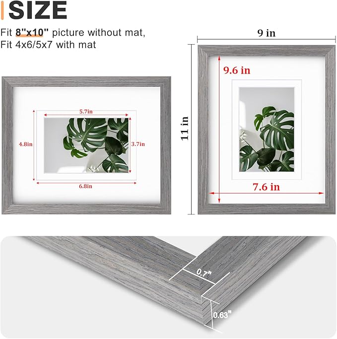 Egofine 8x10 Picture Frames Set of 4, Made of Solid Wood Covered by Plexiglass 4x6 and 5x7 with Mat or 8x10 without Mat, for Table Top Display and Wall Mounting Photo Frame Light Grey