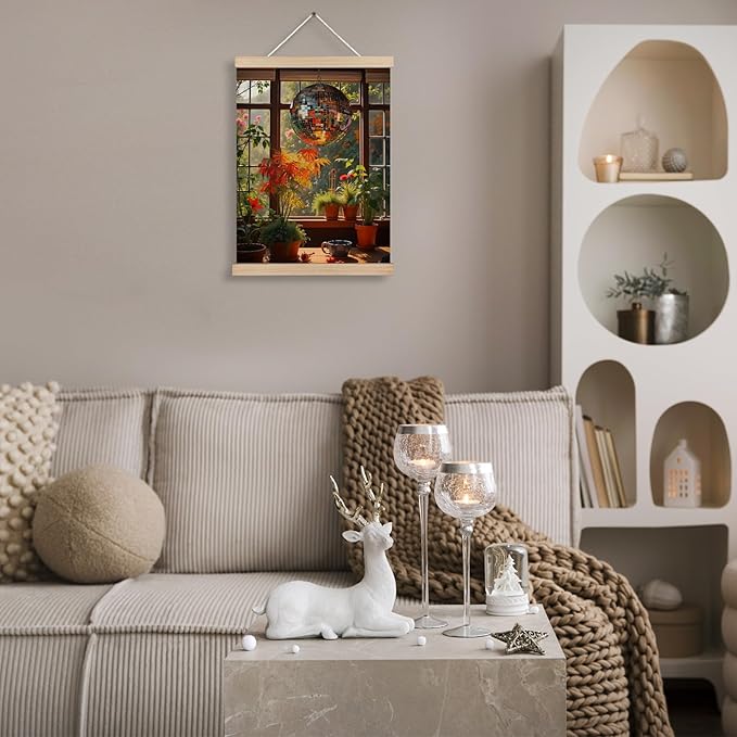 Vintage 1970s Funky Disco Ball Wall Art, 70s Home Room Decor, Retro Houseplants Warm Aesthetic Canvas Wall Art Poster Hanger Frame for Home Bedroom Living Room Bathroom Conservatory, 12x16 Inch