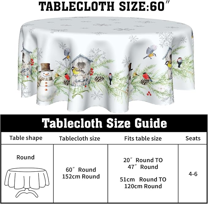 Winter Xmas Tablecloth White Winter Snowman Round Tablecloth 60inch Merry Christmas Tablecloth Round Winter Table Cloth Snowflake Table Cover for Home Kitchen Dinner Holiday Party Indoor Outdoor Decor