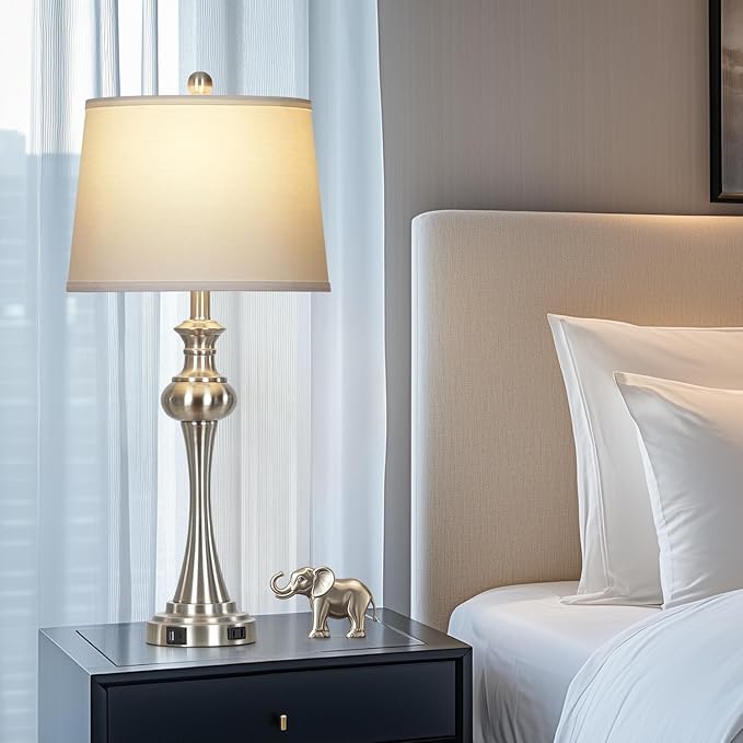 28.75" Silver Table Lamps for Living Room,Touch Lamps for Bedrooms Set of 2 - Nightstand Table Lamp with USB C+A, 3 Way Dimmable Bedside Lamps End Tables Brushed Nickel