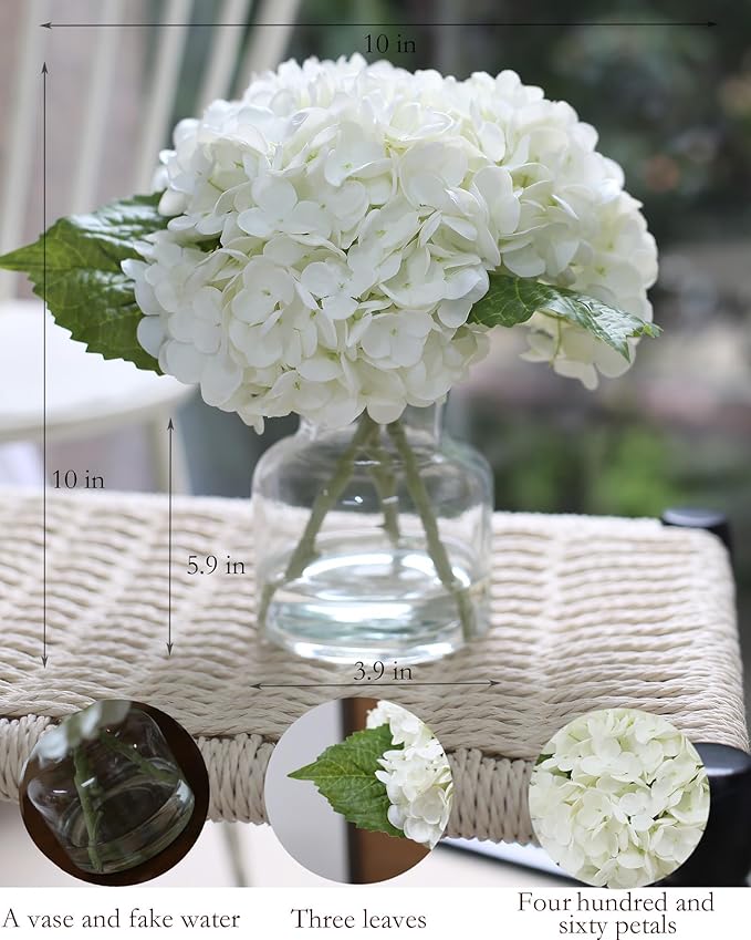 Real Touch Artificial White Hydrangea in Vase for Home Decoration, Fake Centerpieces for Tables, Lifelike Flowers for Bathroom, Office and Water Bar