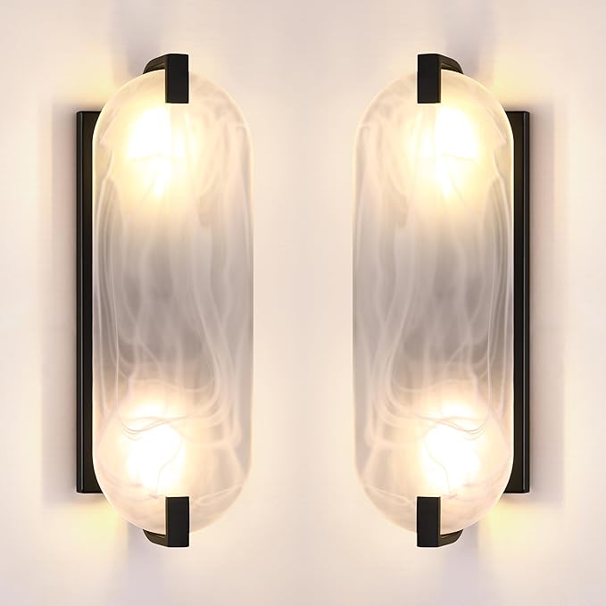 2 Pack 2 Light Oval Frosted Glass Bathroom Wall Sconce Modern Concise Style Wall Light Fixture,Black Finish for Bedroom Hallway Bedside