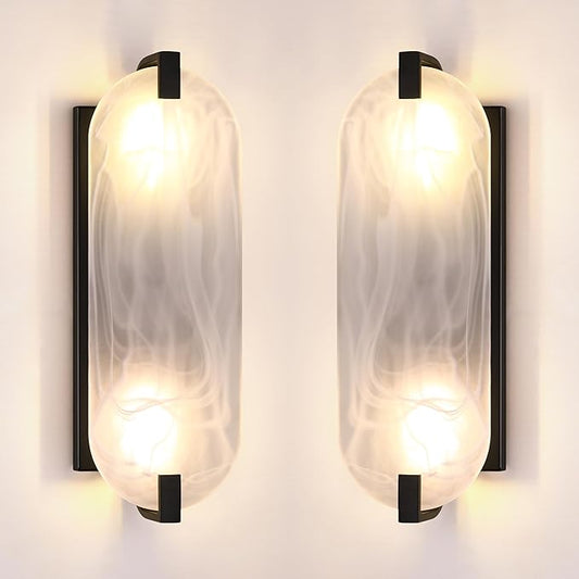 2 Pack 2 Light Oval Frosted Glass Bathroom Wall Sconce Modern Concise Style Wall Light Fixture,Black Finish for Bedroom Hallway Bedside